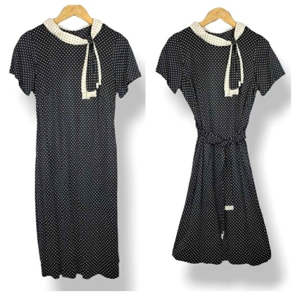 NEW Vintage 50s 60s Orweco Frocks Fringed Polka Dot Belted Dress in Black - Picture 1 of 11